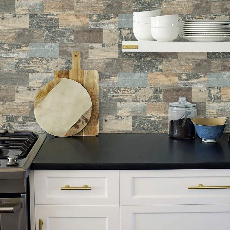 DEWOO 20-Sheet Peel and Stick Self Adhesive Wall Tiles Kitchen Backsplash Distressed Wood Look,Vintage Old Fashion (13.5" x 11.4") - Image 3